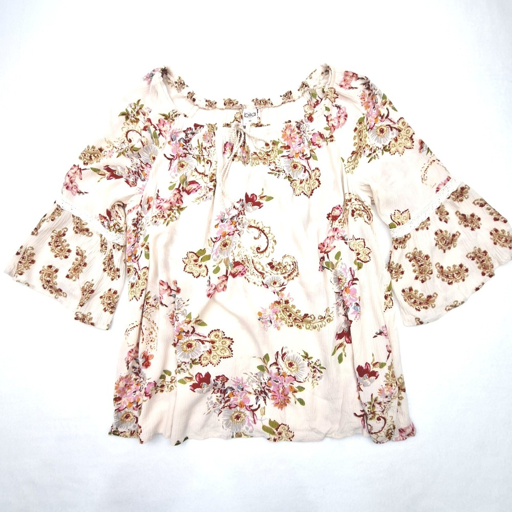 Bila Blouse Womens Medium Cream Pink Floral Paisley Bell Sleeve Boho